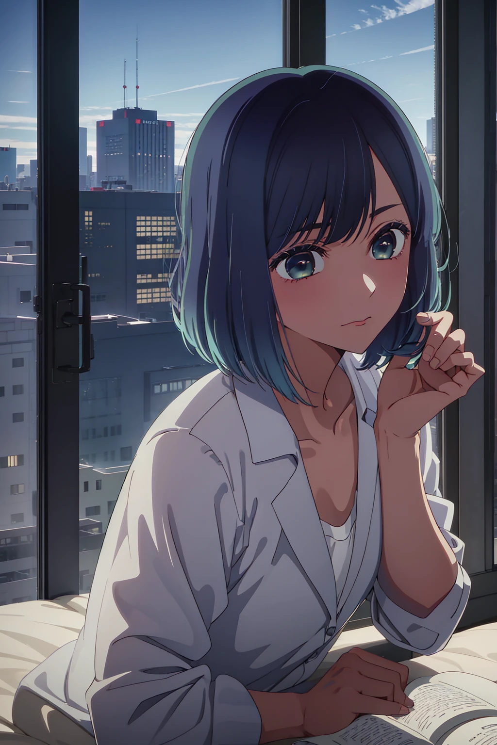 akane kurokawa,naked,rock,Blue Hair,naked,hot,sexy,beautiful,Perfect body,One Girl,big ,masterpiece,Perfect Face,Expressive Face,naked,night、Lying on a bed by the window in a high-rise building,Atmospheric lighting