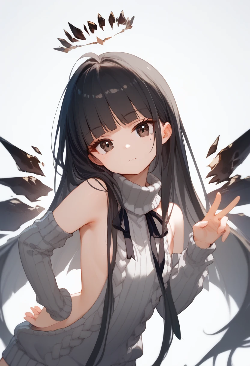 (score_9, score_8_up, score_7_up), 1girl, VirtuosaBase, cute, (chibi:0.7), black hair, blunt bangs, long hair, broken halo, energy wings, black eyes, mole under right eye, small breasts, virgin killer sweater, detached sleeves, gray sweater, single hand victory pose, hand on hip, leaning forward, looking at viewer, upper body, zoom out, white background,