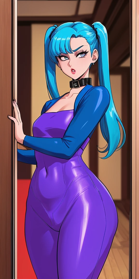 shot from behind of a woman similar to Bulma, en un cuarto, He is wearing a tight blue suit with a plunging collar and a small pink jacket over it.. El traje resalta mis curvas de forma favorecedora. My long hair is tied in two high pigtails., adornadas con unos lacitos rojos. My eyes are made up with a touch of vibrant blue shadow and I&#39;m wearing big, statement earrings.. Por supuesto, I also have the famous dragon radar in my hands. closeup from behind, ((showing the ass))