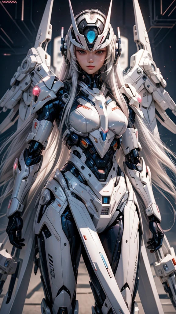 Mecha, National Foundation, Angel, Long hair, flowing hair, Futuristic, blush, White hair, Mecha visor, The gaze