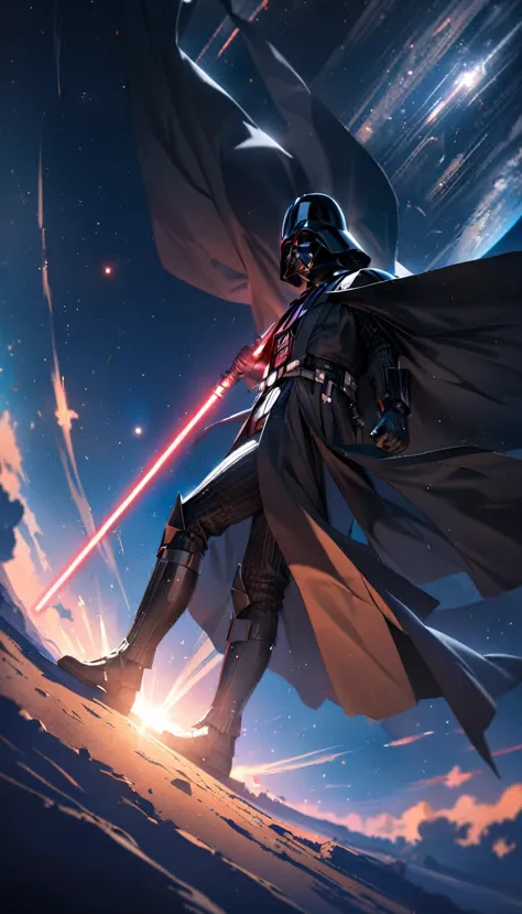 (best quality, masterpiece, colorful, dynamic angle, highest detailed)  
darth vader with a red and blue lightsaber, a clear fee...