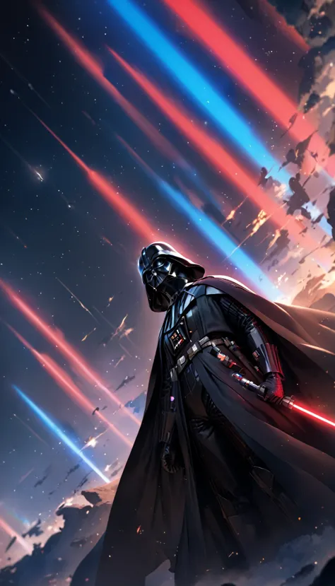 (best quality, masterpiece, colorful, dynamic angle, highest detailed)  
darth vader with a red and blue lightsaber, a clear fee...