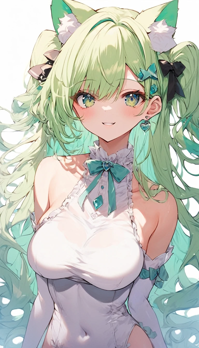 score_9, score_8_superior, score_7_superior, score_6_superior,a female anime character in a green haired and body painted costume, 1girl, green hair, white hair, green eyes, solo, breasts, animal ears, long hair, large breasts, covered navel, white background, multicolored hair, looking at viewer, bodysuit, animal ear fluff, very long hair, hair ornament