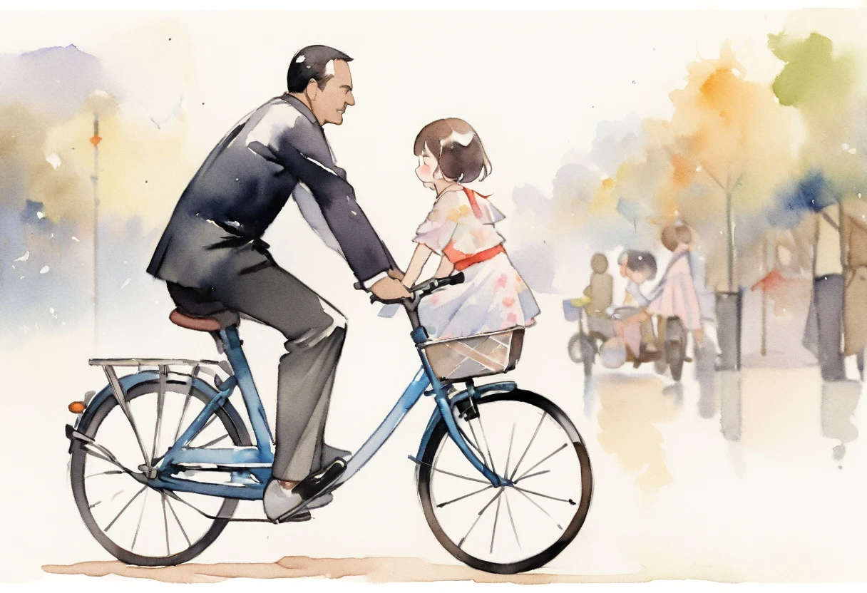 (Highest quality、masterpiece)、(5 year old girl riding a bicycle)、(Assisting Dad:1.2)、(Children's bicycles、whole)、(From the side)、(Cute face)、short hair、White clothes、shoes、(No background)、White Background、Blur the background、(Watercolor of singer Sargent)、Impressionist style painting、