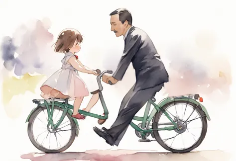 (highest quality、masterpiece)、(5 year old girl riding a bicycle)、(assisting dad:1.2)、(children's bicycles、whole)、(from the side)...