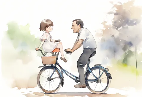 (highest quality、masterpiece)、(5 year old girl riding a bicycle)、(assisting dad:1.2)、(children's bicycles、whole)、(from the side)...