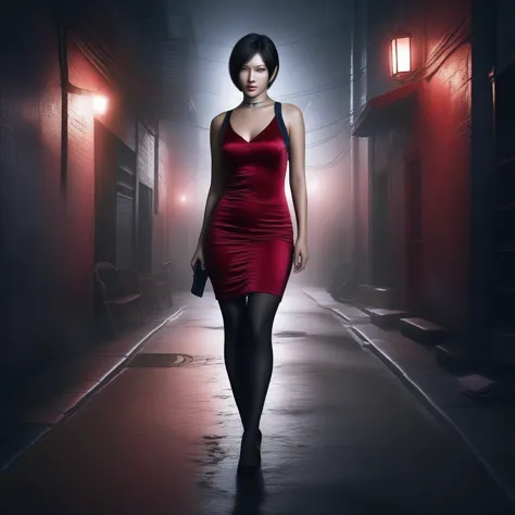 ultra-realistic and extremely detailed real-life 8k masterpiece of a beautiful asian woman re ada wong wearing a black pantyhose...