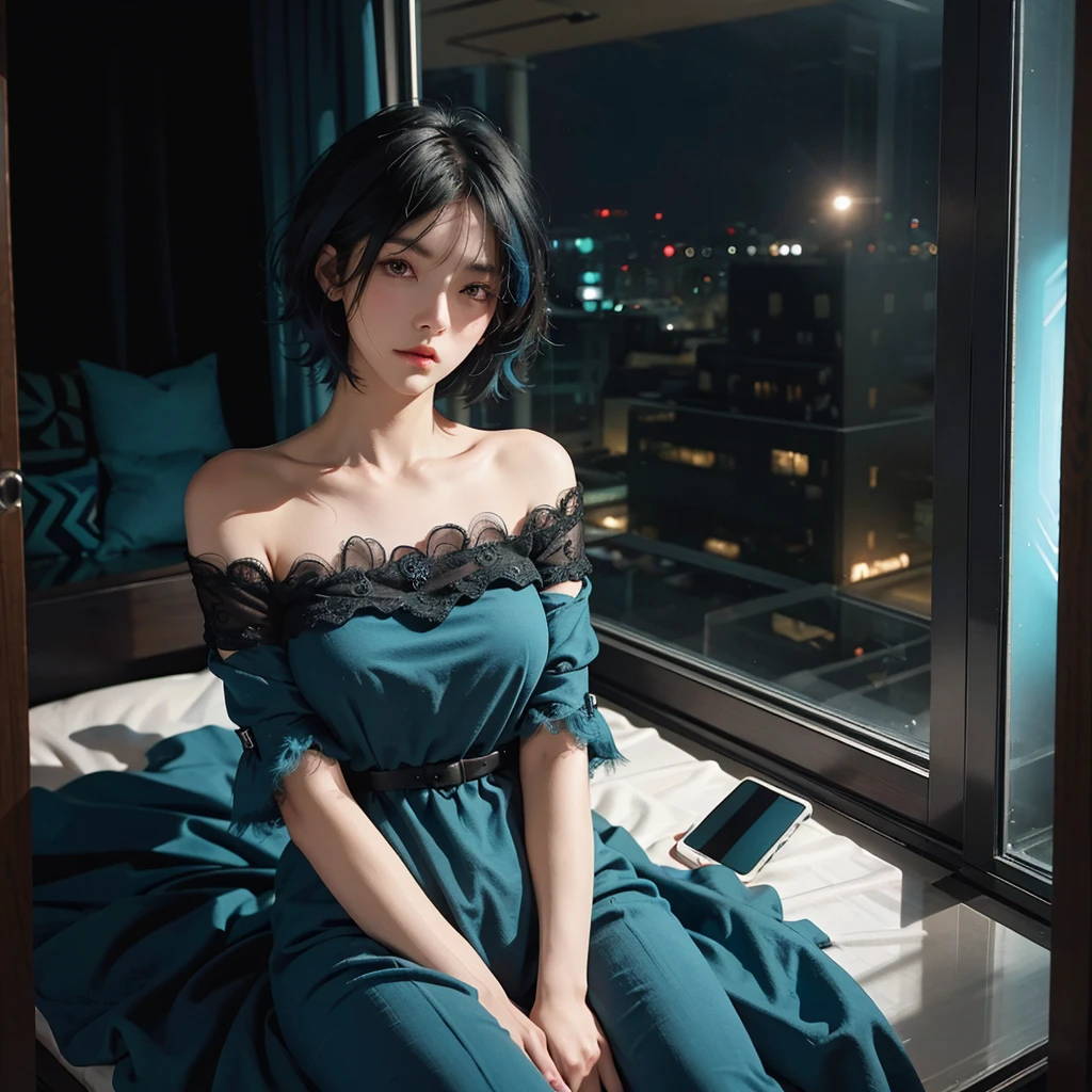 High quality, 16k, 8k, HD, best quality, black and cyan hair color, short hair, perfect face, beautiful, without makeup, restless face, looking out the window, nighttime, midnight, quiet, cyberpunk, nightgown, midnight, feeling uncomfortable, oppai, faceless 
