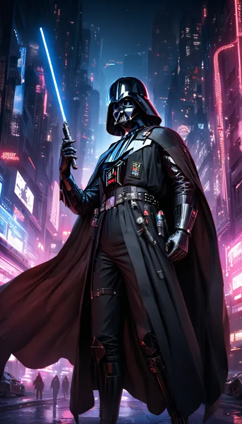 darth vader , cyberpunk style, (neon:1.2), , masterpiece, intricate, highly detailed, majestic, digital photography, hdr, , deta...