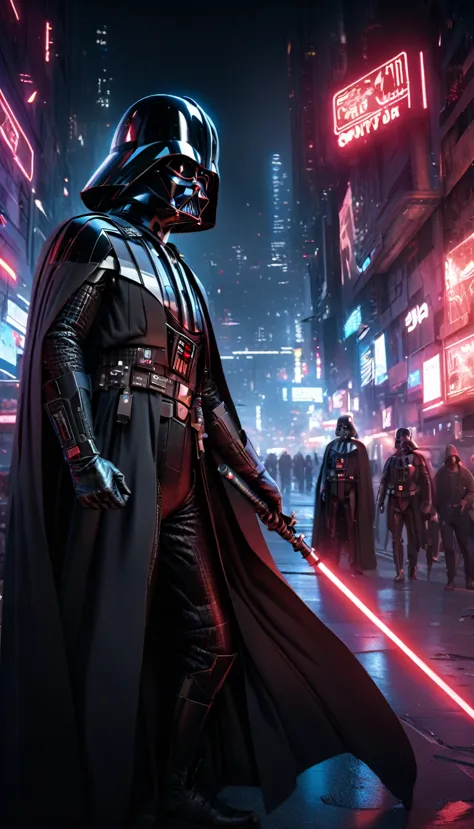 darth vader , cyberpunk style, (neon:1.2), , masterpiece, intricate, highly detailed, majestic, digital photography, hdr, , deta...