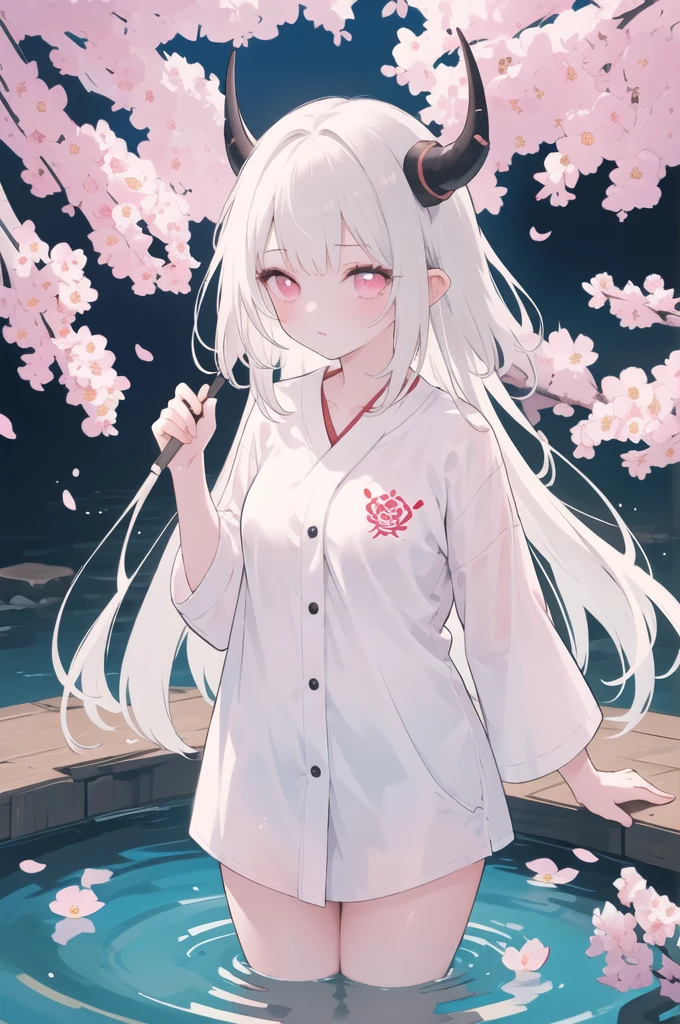 (masterpiece, best quality), 1girl, white hair, long hair, pink eyes, blossom, in hot springs, blossom, shirt, in the , naked, facing backwards, two horn, tatto yakuza,