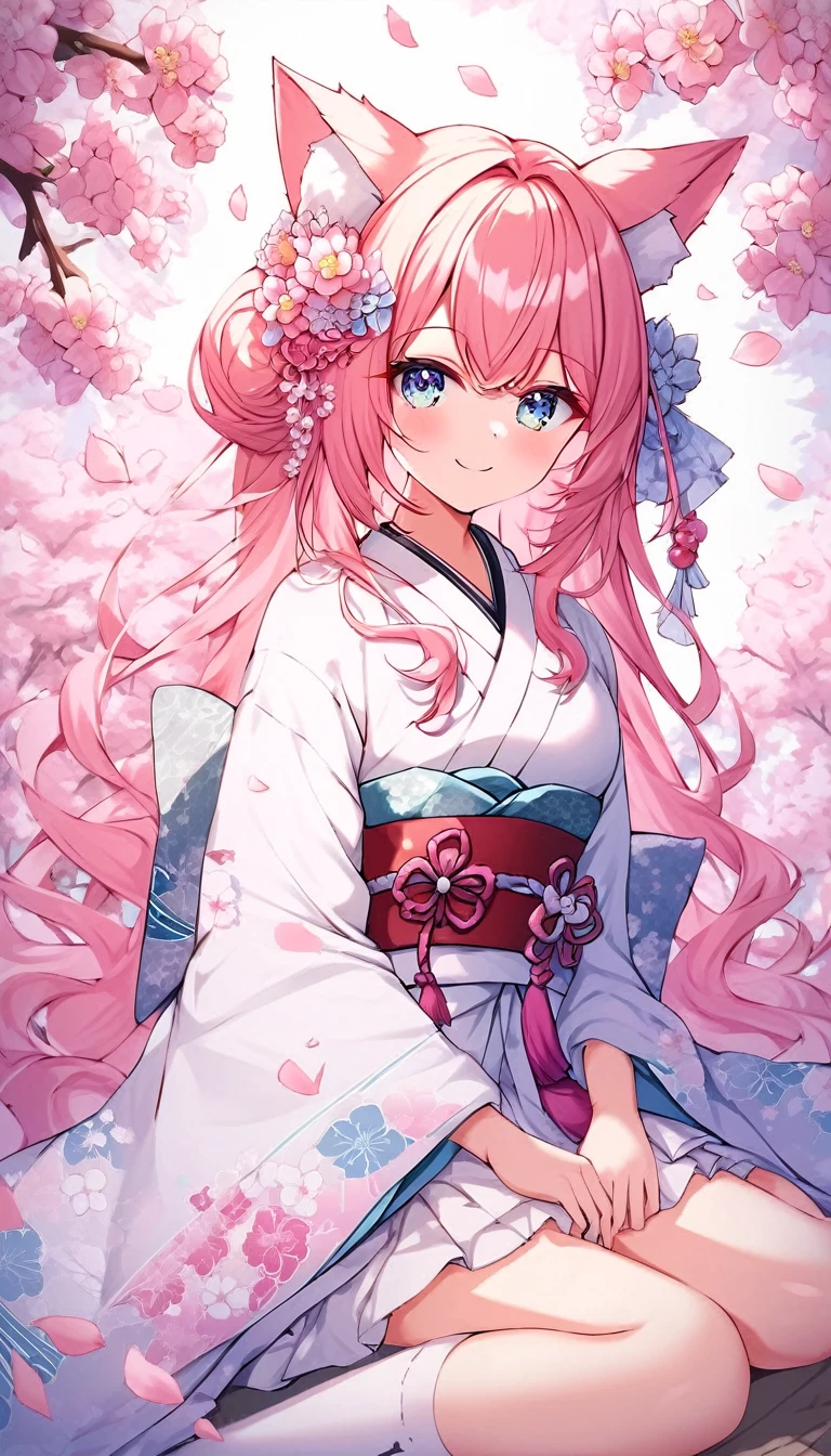 score_9, score_8_superior, score_7_superior, score_6_superior,the girl is sitting in a garden wearing a pink and white outfit, 1girl, animal ears, solo, japanese clothes, pink hair, long hair, smile, cherry blossoms, looking at viewer, animal ear fluff, flower, :d, hair ornament, fox ears, virtual youtuber, kimono, skirt, outdoors, hair flower, bangs, white kimono