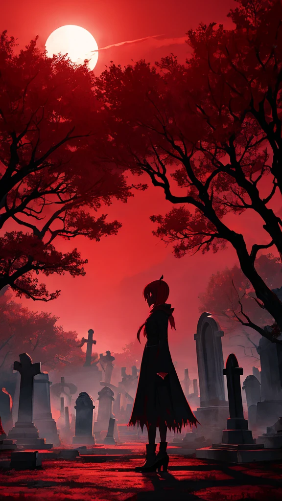 anime style dark spooky graveyard barren trees clear blood red sky detailed shadows moonlight glowing fog intricate tombstones eerie atmosphere high contrast dramatic lighting detailed background