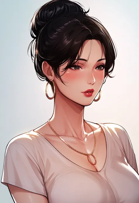 hot sexy beautiful milf mom , hoops earrings,black hair,hair bun,blush,black eyes, necklace ,one hair bun,hair brochure, lipstic...