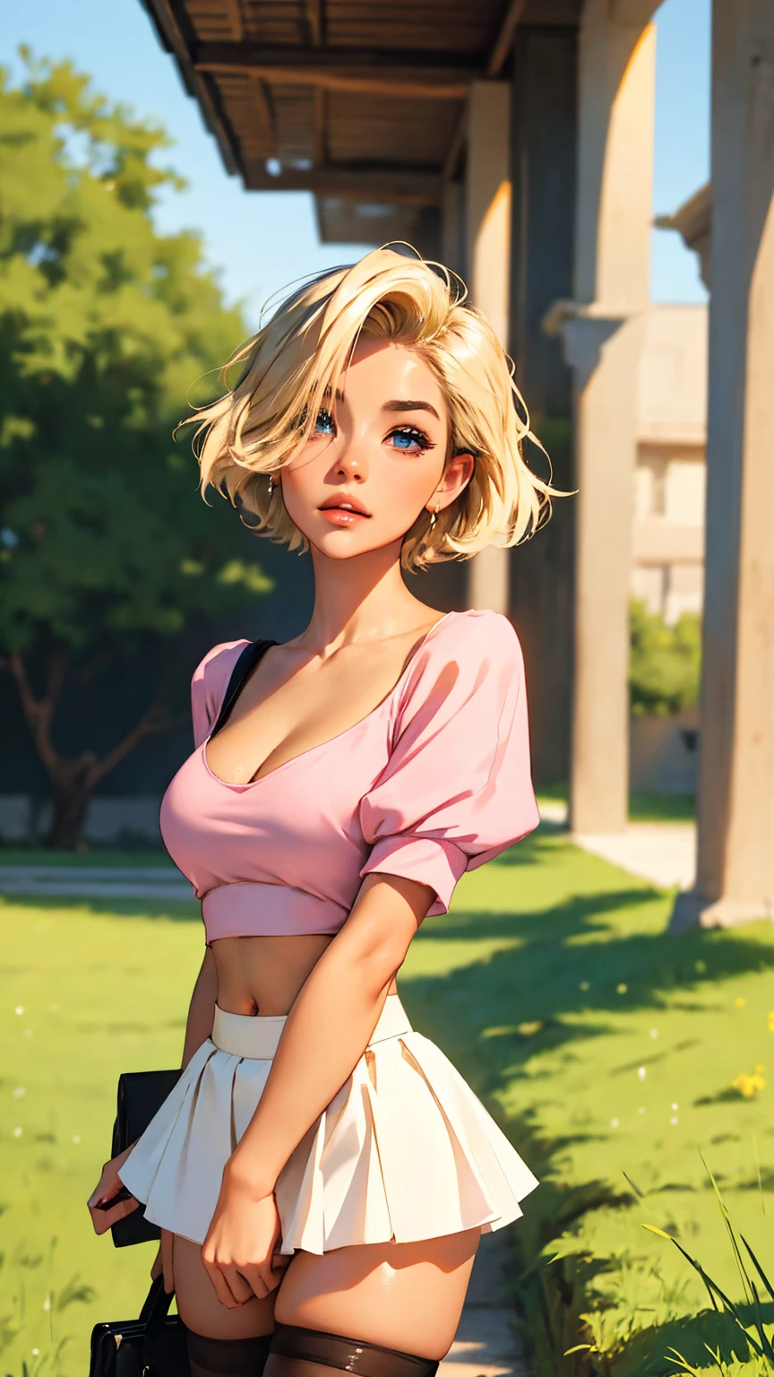 Highest Quality, ​masterpiece, beautifully detailed eyes,, short Blonde Hair, Gradient Hair, pink highlights in hair, large breasts, standing, makeup, glossy lips, full lips, (natural lighting), grass, small top, light smile, midriff, collarbone, thigh highs, miniskirt, cleavage