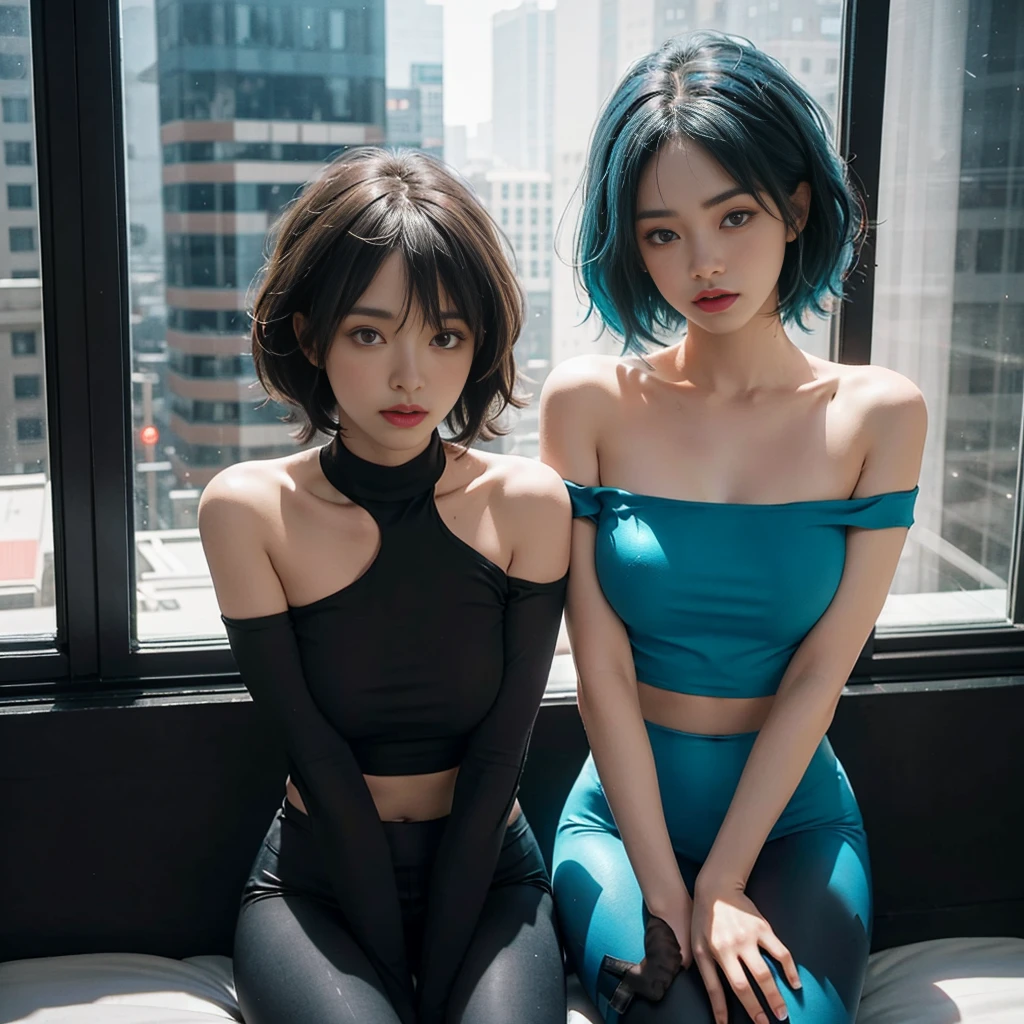 23 year old girl, beautiful, short shoulder length hair, black and cyan hair color, almond eyes, no makeup, cyan crop top, pendel leggings, in front of the window, night city, calm atmosphere, close-up, midnight, (photo: 1.2 ), (super realistic: 1.3), (highly detailed: 1.1), ((masterpiece)), calm, sad, don't cry, sitting on the bed