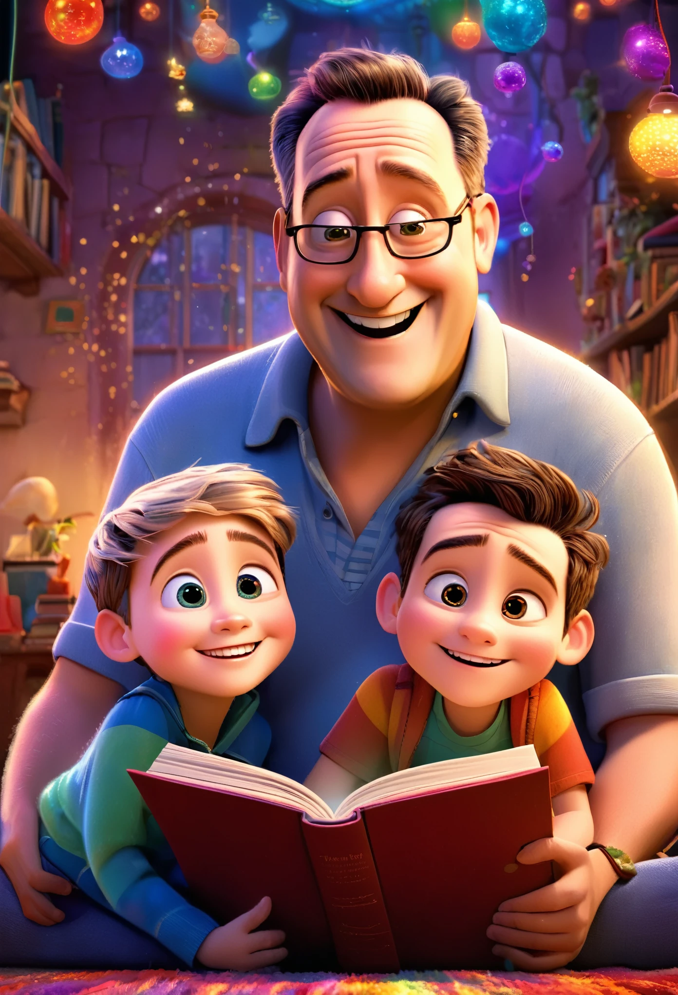 (wide amgle:1.5),(bright and vibrant colors), (highres), (realistic:1.37), Disney Pixar Movie poster, (art by Kevin James), skinny, no muscle, (55 years old man and his son),father and son, (beautiful detailed eyes:1.1), (beautiful detailed lips:1.1), smiling with a warm expression, (charming appearance:1.1), (professional lighting), (ultra-fine rendering), upper body shot, (expressive facial features:1.1), reading a book to the son, (reading intently:1.1), surrounded by magical elements representing different Pixar movies, (dynamic composition), (whimsical details), (playful characters), vibrant background, filled with color and joy, (3D render), (fantastical art style), (nostalgic aesthetic), (attention to detail:1.1).
