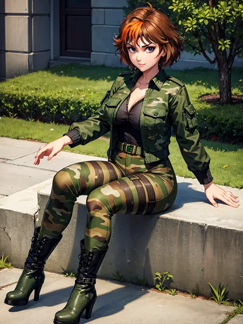 merula, full body, thighs, high boots high heels, solo girl, medium tits, camouflage pants, nude tits, sitting