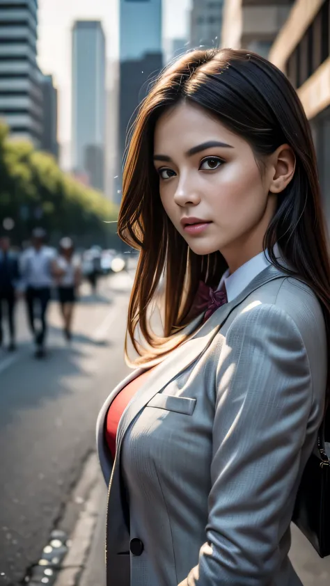 (8k, RAW Photos, 最high quality, masterpiece: 1.2), (Realistic, photoRealistic: 1.37), 1 Woman in a suit standing on the sidewalk...