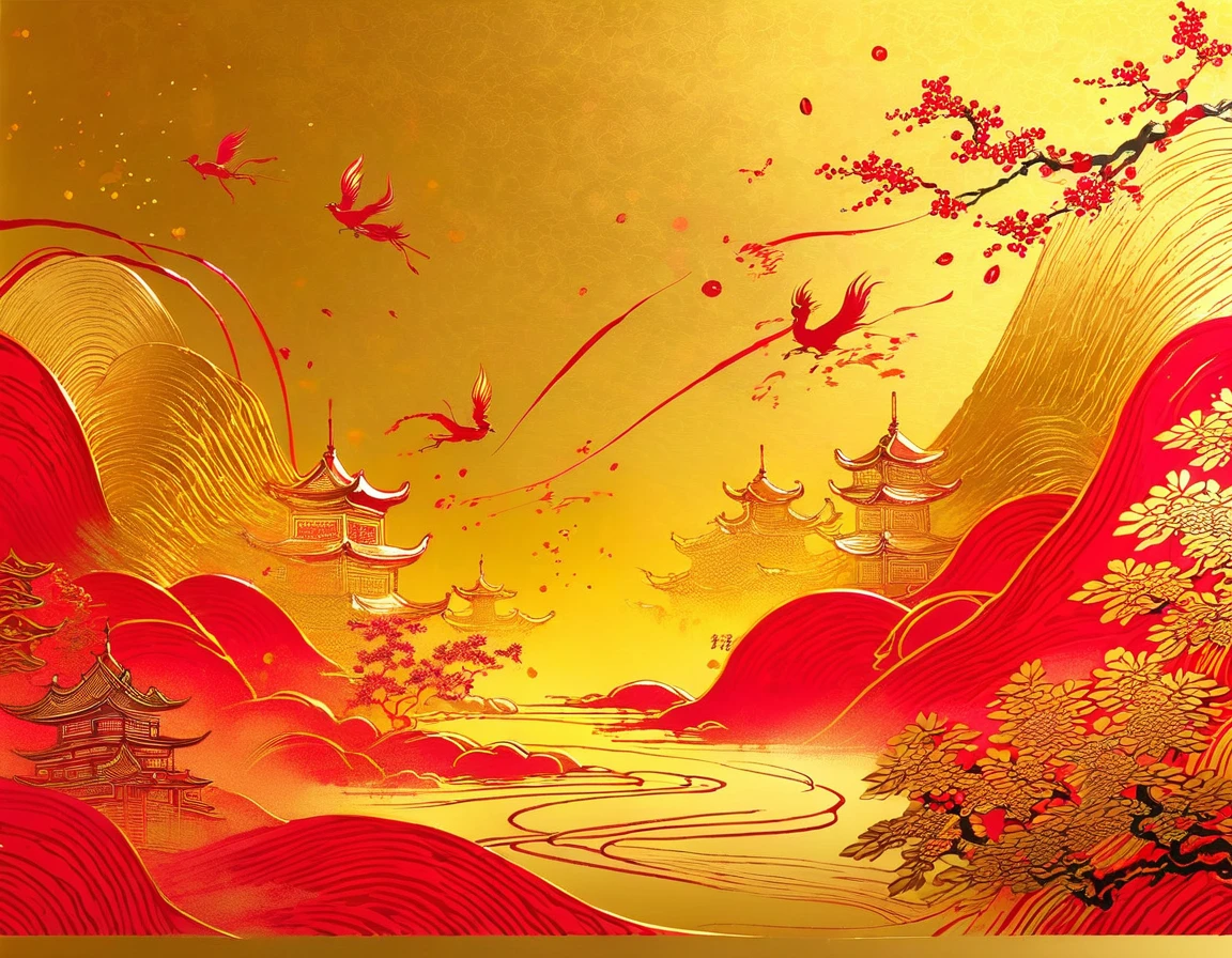 Golden ink, red paper,traditional Chinese New Year wallpaper，（ink splasting：0.4）