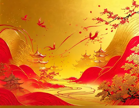 golden ink, red paper,traditional chinese new year wallpaper，（ink splasting：0.4）