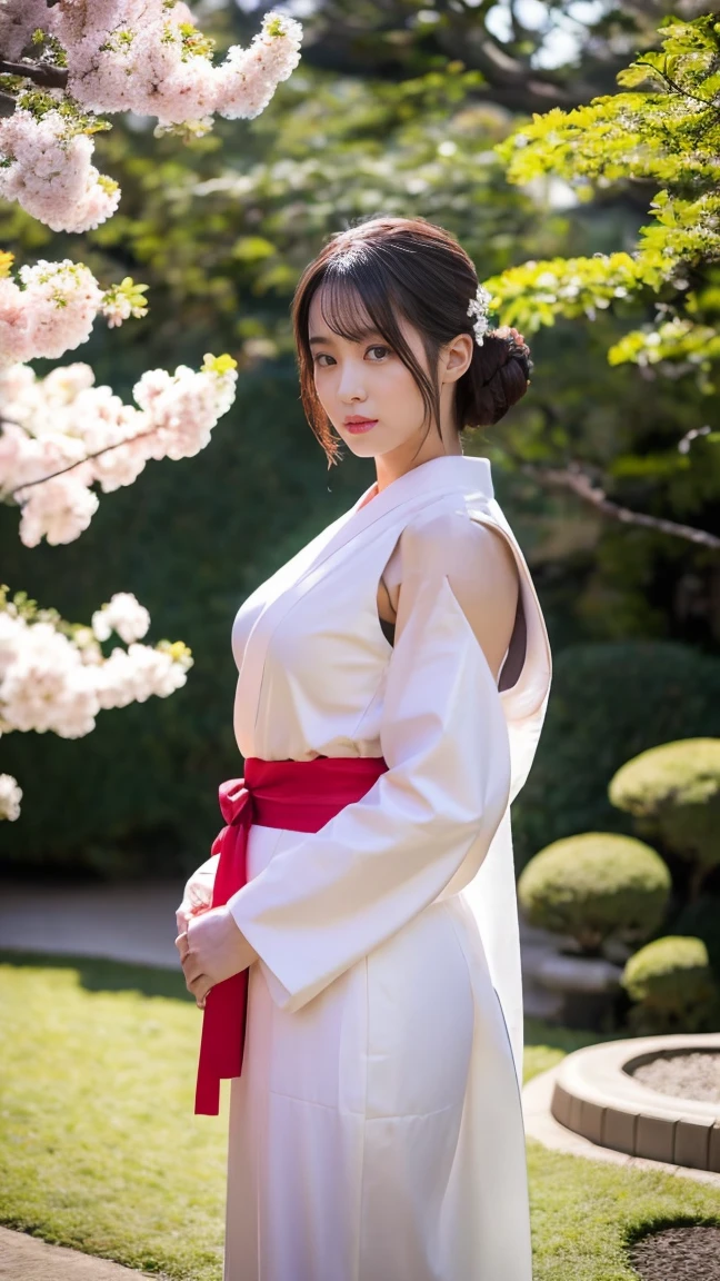 Красивая мускулистая культуристка с четко выраженным прессом, бицепс, и ягодицы, уверенно стоять в традиционном японском саду в окружении цветущих деревьев сакуры, носить белое кимоно с красным поясом-оби, ее волосы уложены в элегантную японскую прическу, Прямой взгляд, Драматическое освещение, кинематографическая композиция, яркие цвета, фотореалистичный, шедевр