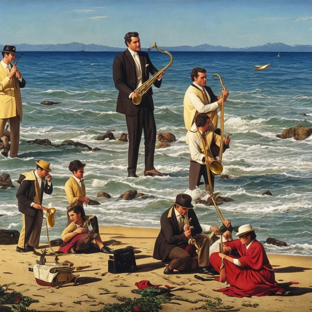 (masterpiece, top quality, best quality, official art, beautiful), At the beach, a trumpet,on the ground,no humans