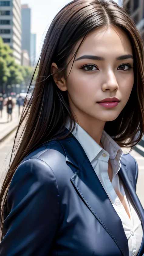 Face close-up, (8k, RAW Photos, 最high quality, masterpiece: 1.2), (Realistic, photoRealistic: 1.37), 1 Woman in a suit standing ...