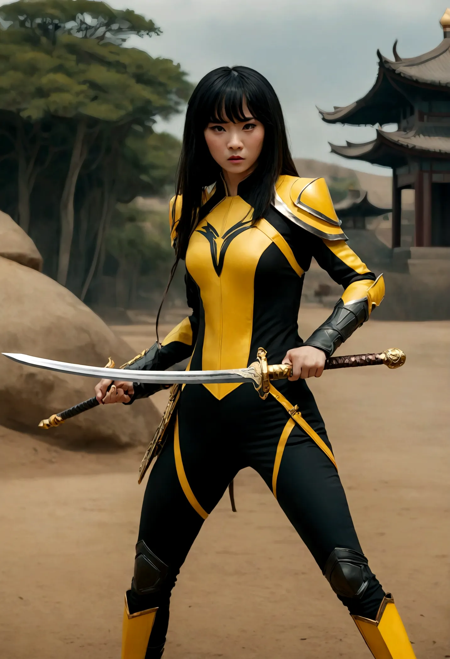 beautiful chinese woman in a black and yellow suit, holds a sword, zhilei xin as the main character, full body cinematic shot, "...