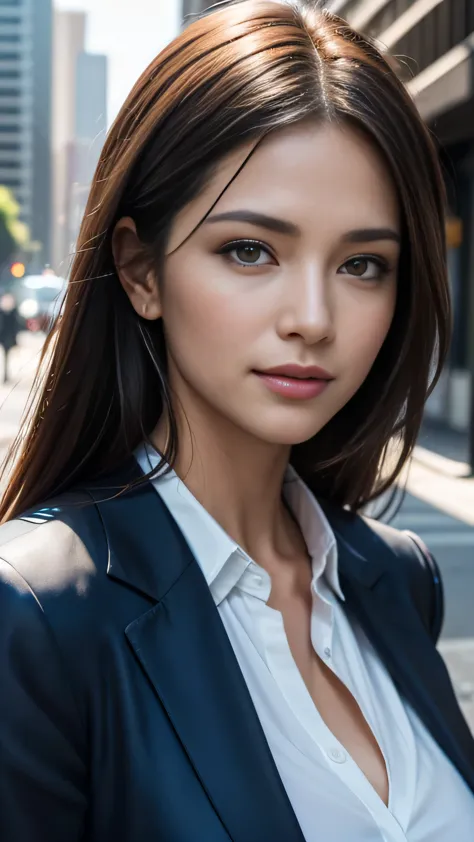 Face close-up, (8k, RAW Photos, 最high quality, masterpiece: 1.2), (Realistic, photoRealistic: 1.37), 1 Woman in a suit standing ...