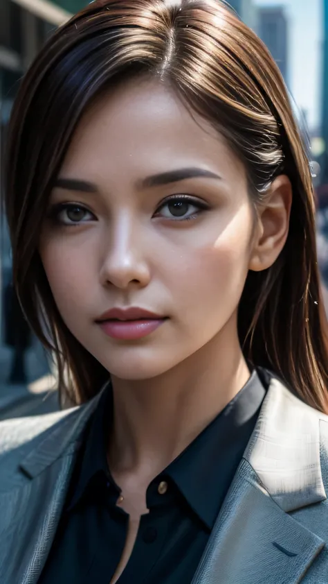 Face close-up, (8k, RAW Photos, 最high quality, masterpiece: 1.2), (Realistic, photoRealistic: 1.37), 1 Woman in a suit standing ...