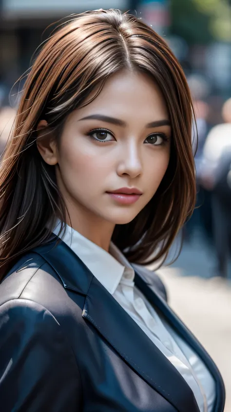 Face close-up, (8k, RAW Photos, 最high quality, masterpiece: 1.2), (Realistic, photoRealistic: 1.37), 1 Woman in a suit standing ...