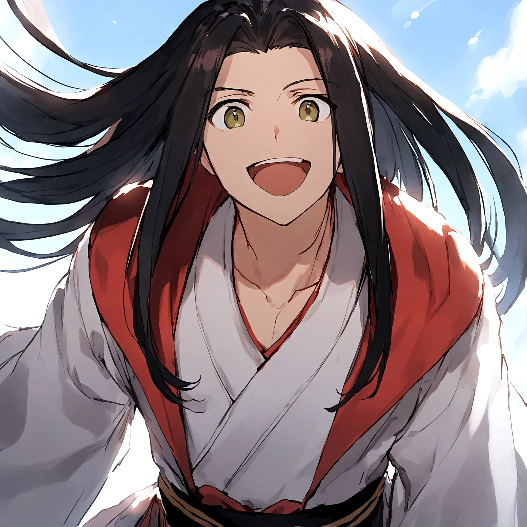 1 boy，Black Hair，I am，White shirt，Red Edge Jacket，For the audience，Smile，clavicle，Japanese clothes，Wearing a coat，Long hair，open mouth，Solitary