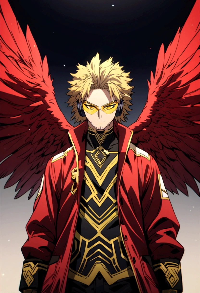 My hero academia Hawks/Keigo Takami keigo_takami, blonde hair, yellow eyes, medium hair, stubble
wings, feathered wings, red wings, tinted eyewear, headphones