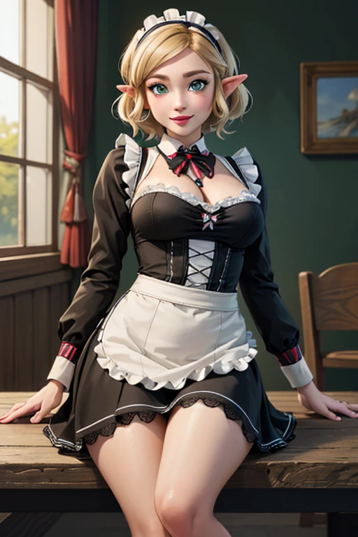 wide shot, ((best quality)), ((highly detailed)), masterpiece, (detailed eyes, deep eyes), (1girl), dynamic angle, cowboy shot,TOTK zelda, woman, smile, ((short blonde hair )), ((green eyes)),firm breasts, realistic proportions, curvy body, lipstick, curvy hips, subtly visible breasts, day lighting, ((petite body)), ((french maid uniform)), lace, nylons, sitting on table, high heels, short dress, lace apron
