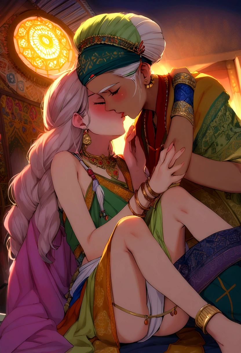 2 young and skinny indian girls kissing, using tipical clothes and accessories, having sex in a masquito, mandalas and  Islam  in the background