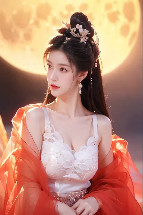 chang_e,hanfu.moon,Beauty, beautiful女人，Have a perfect body：1.4，Layered Hairstyle，((Big breasts)), ((D cup)), Visible cleavage，Ba...