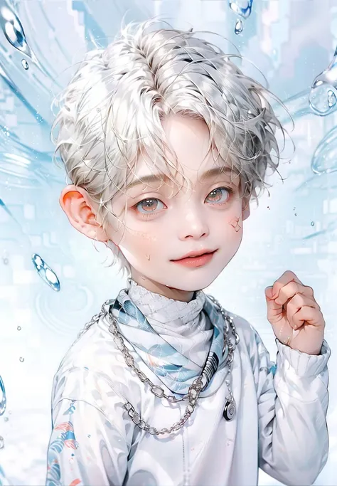 masterpiece, best quality, realistic 8K, one boy, 12 years old, extremely detailed face, ((red eyes)), ((white hair )), silver h...