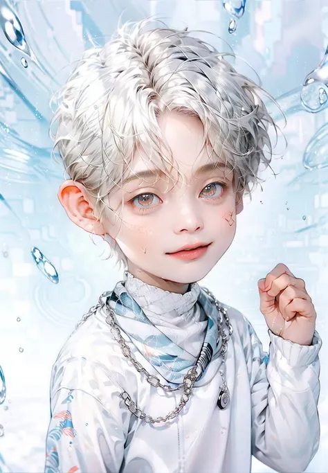 masterpiece, best quality, realistic 8k, one boy, 12 years old, extremely detailed face, ((red eyes)), ((white hair )), silver h...