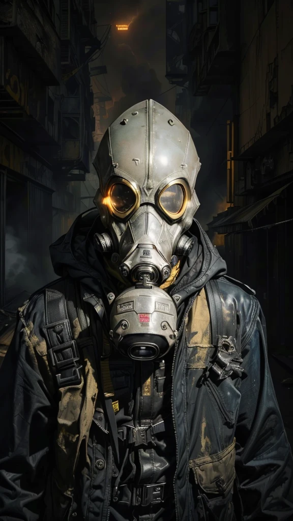 (Best Quality,16k,High Resolution,Masterpiece:1.2),Super Detail, Grotesque, Doom, male, Rebel, Masked, Rebel, Latex Gas Mask, Gas Mask With Yellow Accent Color, Disturbance, Dangerous Rebellion, Deep Hood, Dystopia, Post-Apocalypse, Disobedience, Anarchy, Rough Texture, Revolution, Building collapsed city, smoky toxic gas, weird lighting, burning sky, dim, ominous atmosphere, lost, social unrest, political turmoil