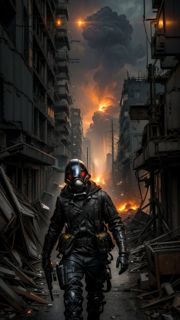 (Best Quality,16k,High Resolution,Masterpiece:1.2),Super Detail, Grotesque, Doom, male, Rebel, Masked, Rebel, Latex Gas Mask, Gas Mask With Yellow Accent Color, Disturbance, Dangerous Rebellion, Deep Hood, Dystopia, Post-Apocalypse, Disobedience, Anarchy, Rough Texture, Revolution, Building collapsed city, smoky toxic gas, weird lighting, burning sky, dim, ominous atmosphere, lost, social unrest, political turmoil