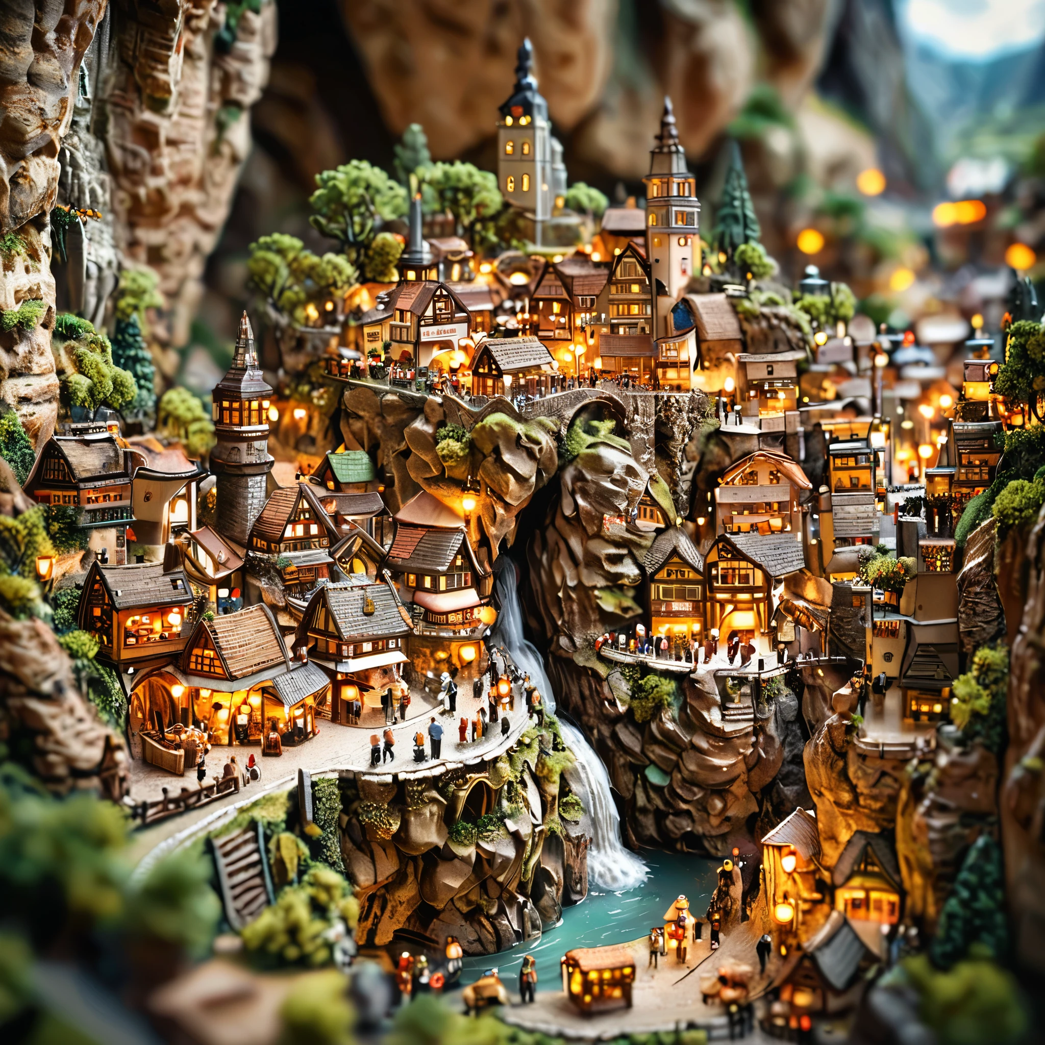 tilt-shift photography,(masterpiece, top quality, best quality),(ultra-detailed, absolutely resolution),((16k, high res)). (A city in a cave))