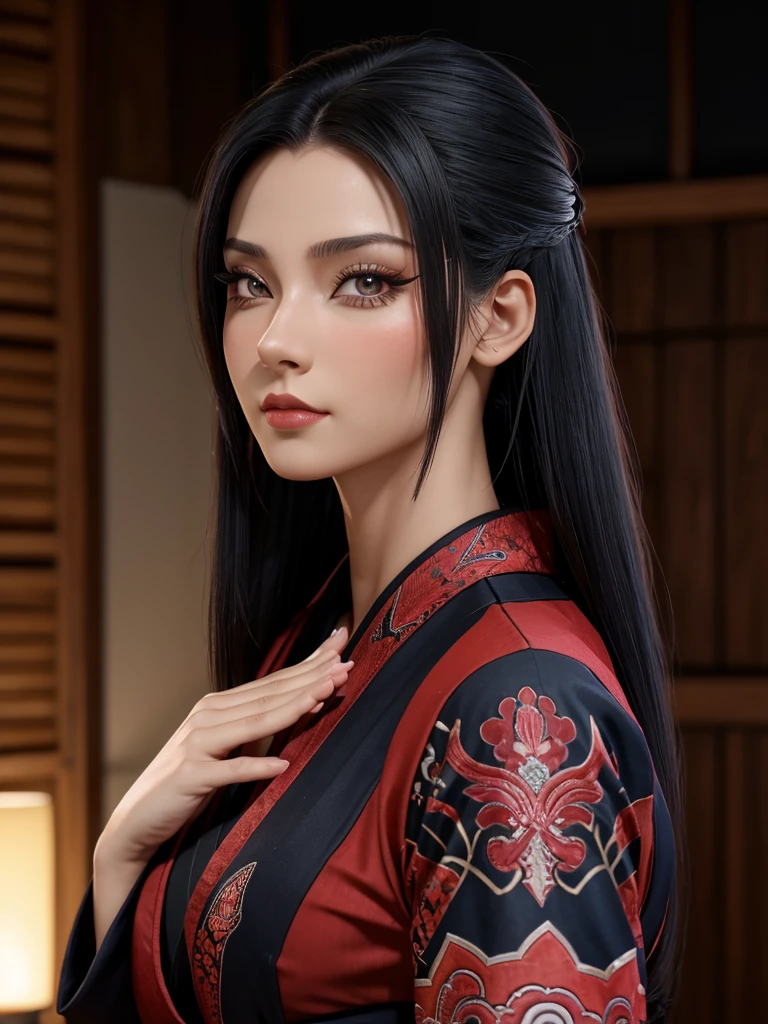 realisitic, 1girl, high quality fingers, normal hands, detailed fingers, Masterpiece artwork, (realisitic, foto-realisitic: 1.37), realisitic, 1girl, long hair:1.5, Bblack hair:1.2, Eyes red:1.5, glare eyes, mortal kombat, Erotic ninja, bloodstains, cicatriz, canons, kimono, ful dressed, mortal kombat continues, breasts big, large breasts, struggling pose, serene gaze, temple, meditation, injuries, cover half the face, (sweat: 1), view from side