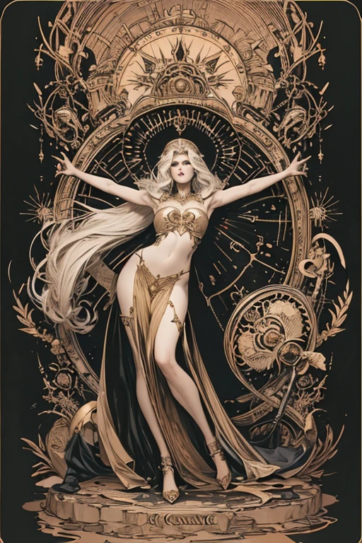 (best qualityer, work of art), (tarot, tarot card,:1.1) in full body photo, solo platinum blonde woman as the powerful Lady Death, ((doradas card frames)), ((esoteric symbols)), sigils,  black backdrop, doradas, esoteric and glorious, epic background, Vibe Epic, in the artstyle of Mucha and in the style of tarot card