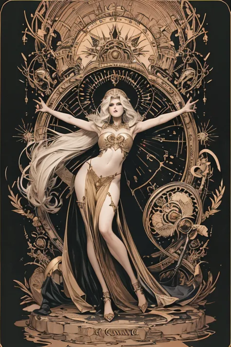 (melhor qualidade, Obra de arte), (tarot, tarot card,:1.1) em foto de corpo inteiro, mulher loira platinada solo como a poderosa...