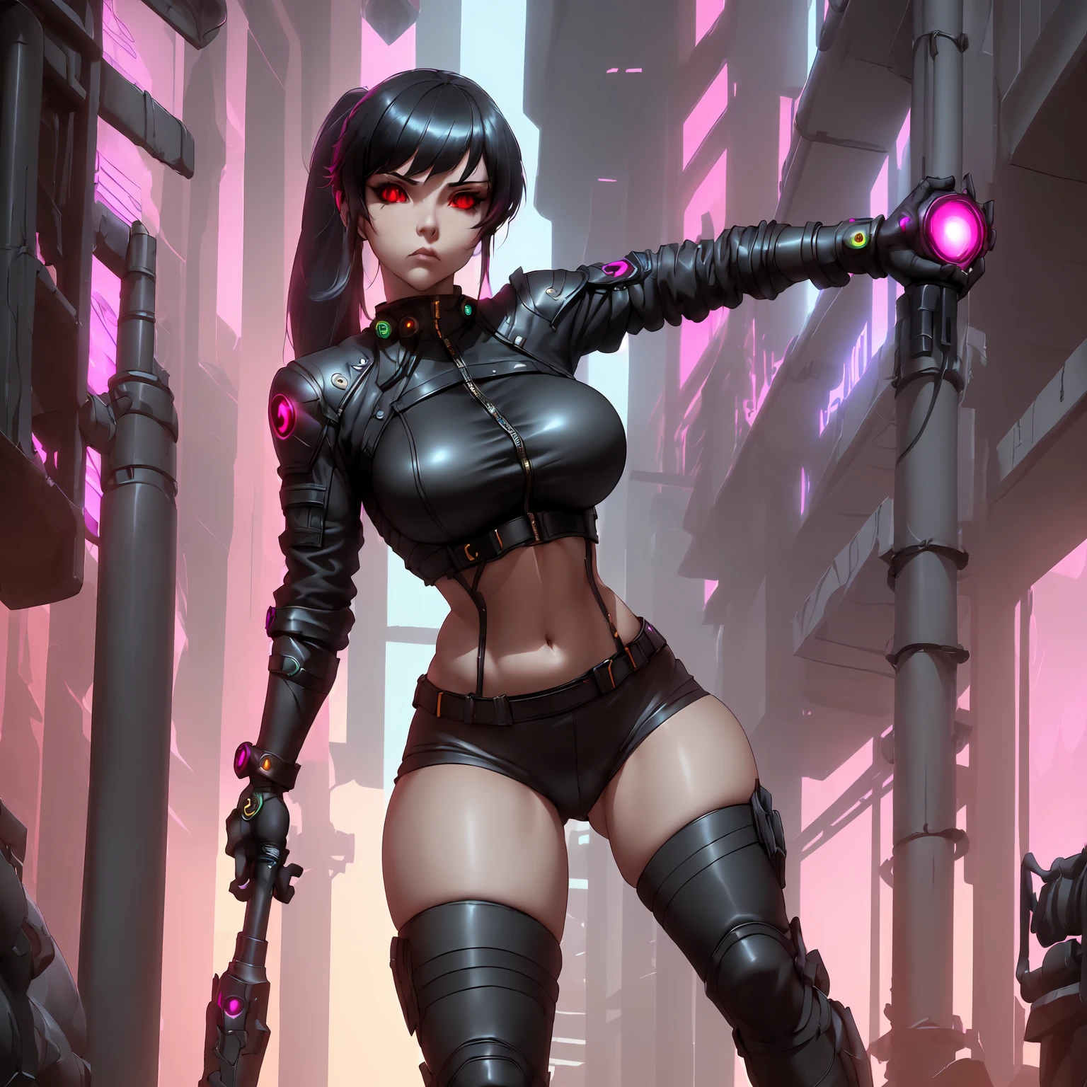 (masterpiece, best quality, aesthetic)1.2, 1girl, Cyberpunk, League of Legends ARCANE, Yelan, BREAK, symmetrical face, highly detailed face, black hair, long hair, ponytail, holographic interface, BREAK, red eyes, crimson eyes, beautiful eyes, detailed eyes, BREAK, large breasts, tight clothing, leather jacket, black shirt, BREAK, knee boots, black yoga pants, black gloves, tactical gear, BREAK, stretching, serious expression, standing, BREAK, female focus, neon aesthetic, futuristic cityscape, background out of focus, corporate dystopia, sci-fi