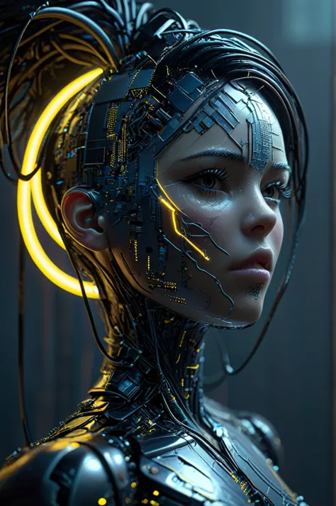 Female cyborg head, Ralph McQuarrie, Aaron Horkey, Neon Yellow Lightning, Neon Teal Lightning, Neon magenta lightning, cable, wi...