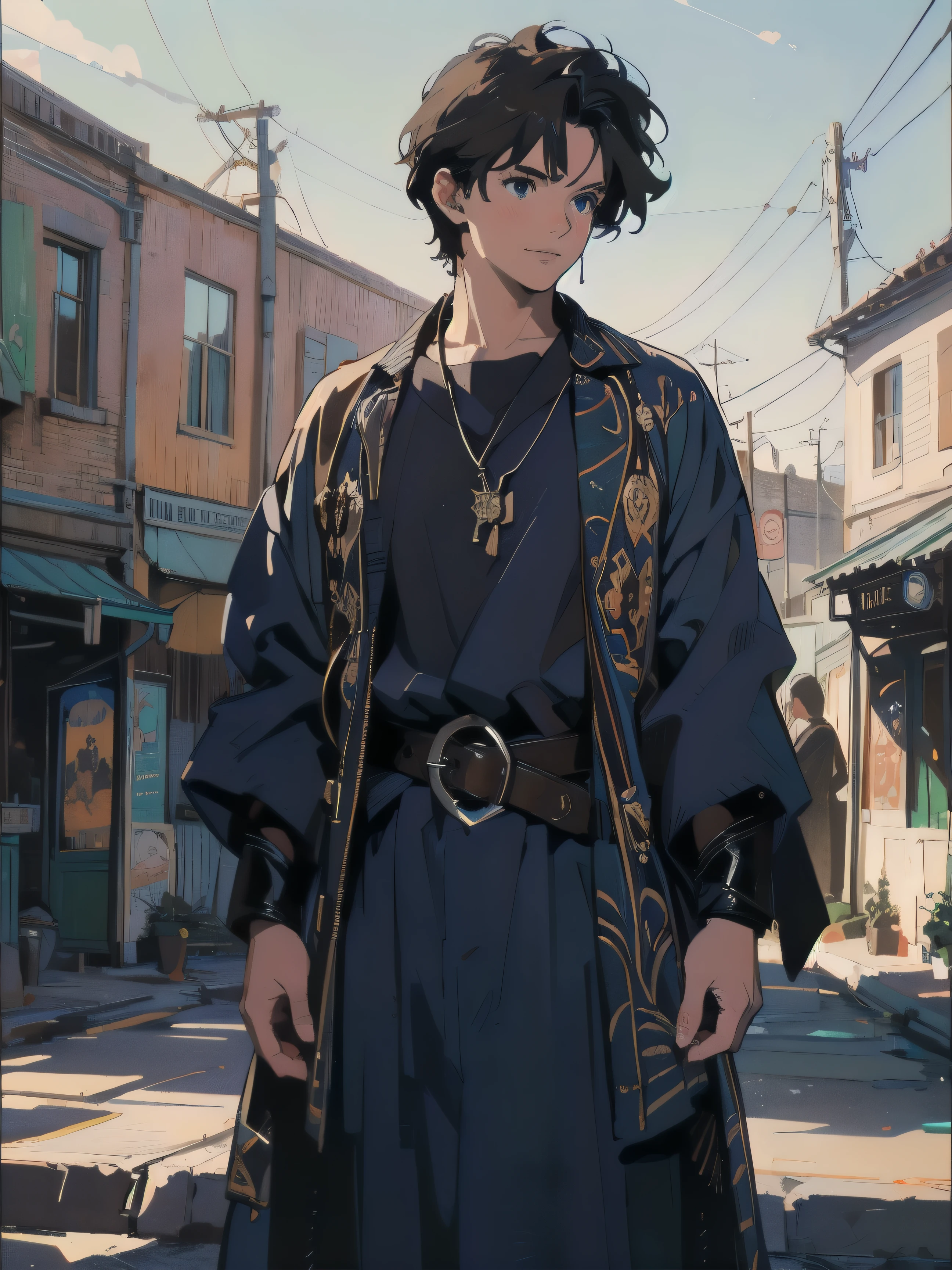 Medieval European period, Anime Style, Tall, muscular young man, wearing blue robes from 14th century, intricate Damascus steel buckle on a brown leather belt, smile, beautiful blue eyes, (Highest quality,4K,8k,High resolution,masterpiece:1.2),Super detailed,(Realistic,photoRealistic,photo-Realistic:1.37)