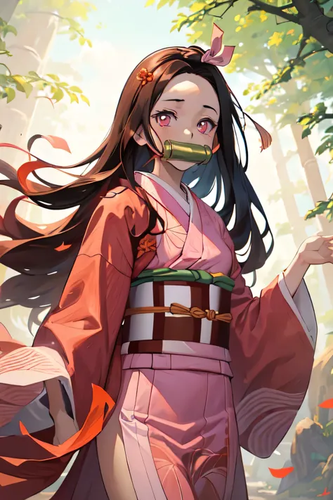 ((masterpiece)), nezuko, one girl, bamboo, bit gag, brown hair, checked sash, gag, gagged, gradient hair, hair ribbon, haori, ki...