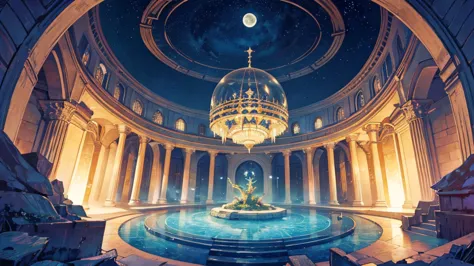 fantasy,symmetry,starry night,the dream lands,round library,large crystal tree,celtic,dark,night,deserted palace,moon,shoot from...